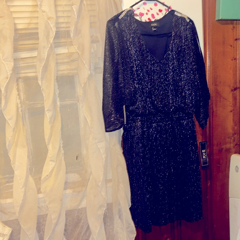 MSK Black Sequin Wrap Dress with Dolman Sleeves